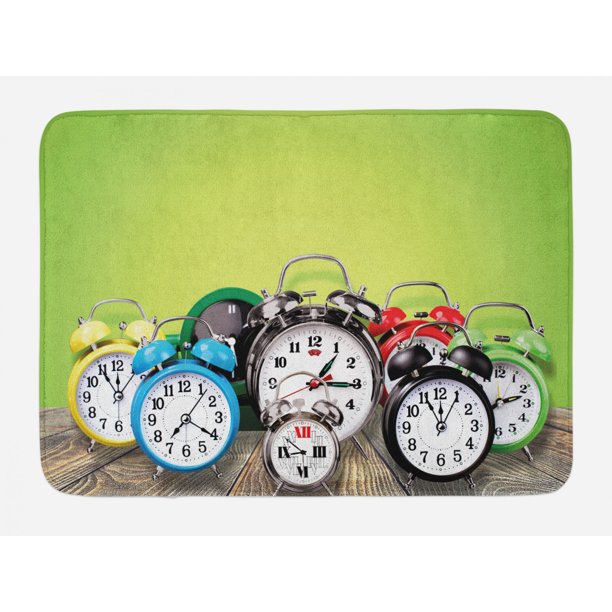Clock Bath Mat, A Group of Alarm Clocks on the Wooden Ground Digital