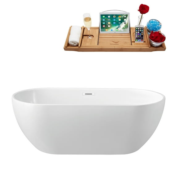 65" Streamline N141WH Soaking Freestanding Tub and Tray With Internal Drain in Glossy White