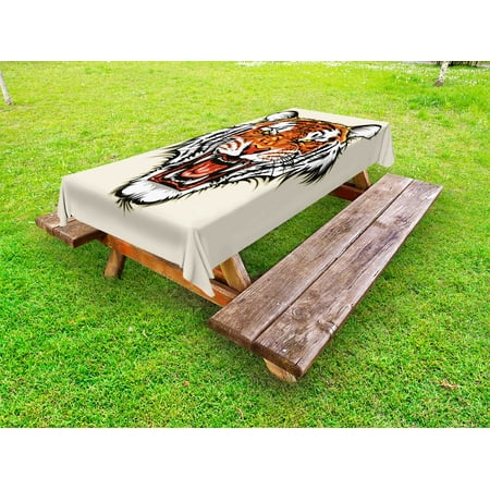 

Tiger Outdoor Tablecloth Angry Ready to Attack Beast with Sharp Fangs Jungle Animal Detailed Face of Hunter Decorative Washable Fabric Picnic Table Cloth 58 X 84 Inches Orange Black by Ambesonne