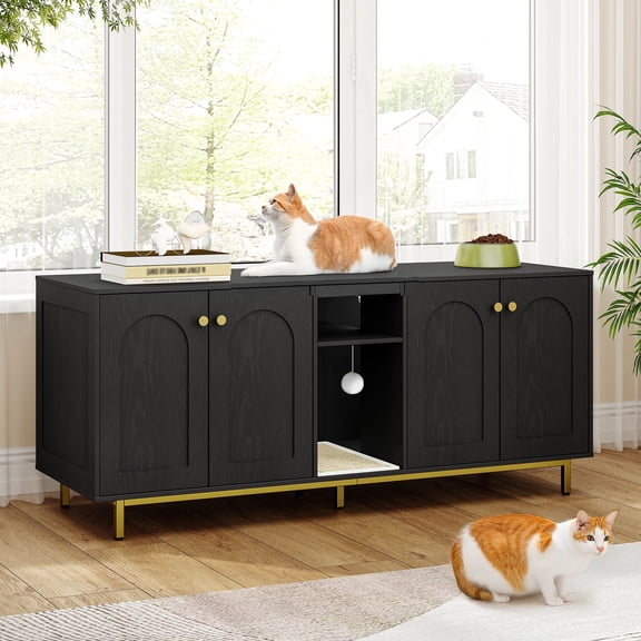 Hzuaneri Cat Litter Box Enclosure for 2 Cats, 55" Hidden Litter Boxes with Double Room, Storage, Plush Ball, Wooden Cat Washroom Furniture, Black Gold