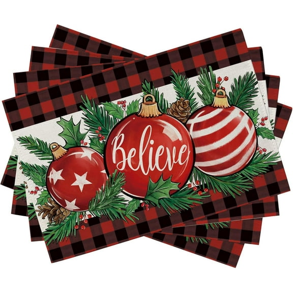 Christmas Ball Ornament Placemats Set of 4, Xmas Red Black Buffalo Plaid Check Believe Dining Table Place Mats, Holly Berry Pine Cone Farmhouse Holiday Kitchen Decor Home Decoration 12x18 Inch