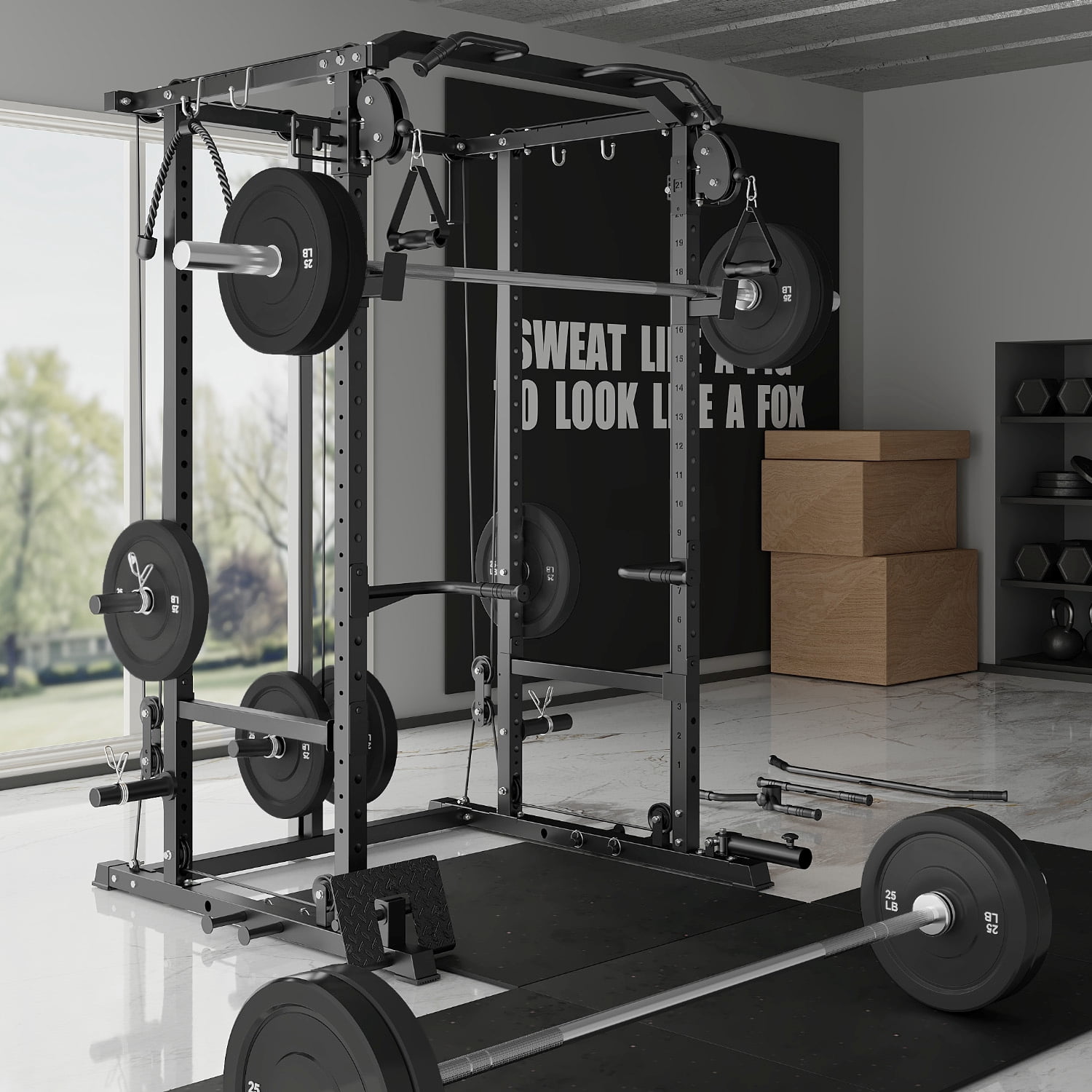 MITONOS Power Cage, 2000LB Squat Rack with Cable Crossover System, Multi-Function Weight Cage, Home Gym Workout Machine with More Training Attachments, BK