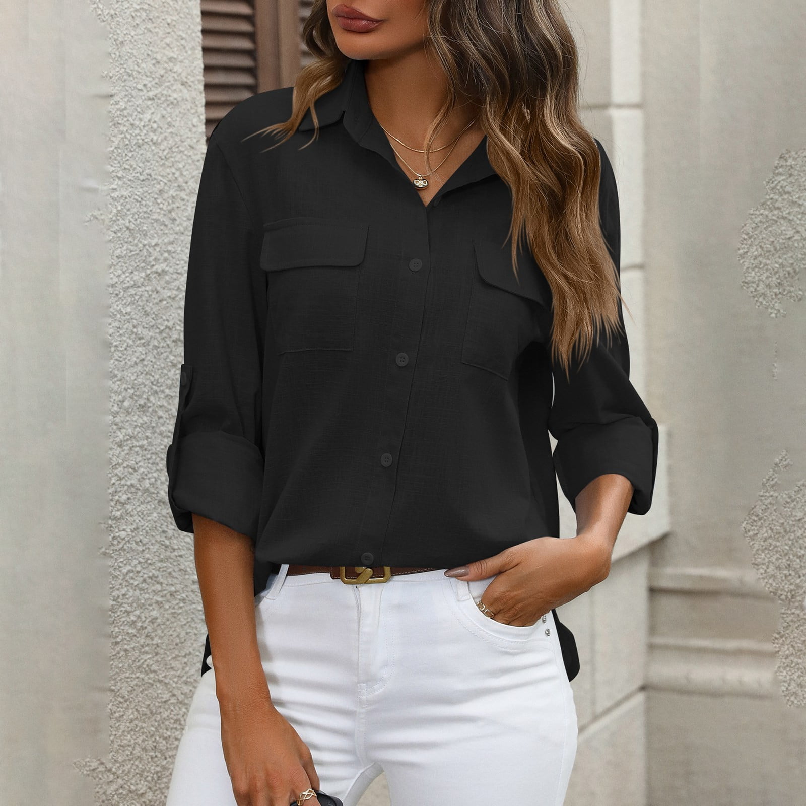 売れ筋商品|||マルコポーロ シャツ レディース トップス BLOUSE SHIRT COLLAR SHORT SLEEVE CHEST POCKET SOLID - Button-down blouse - black QYZEU Women Clothes Button Down Shirts Short Sleeve Shirts V