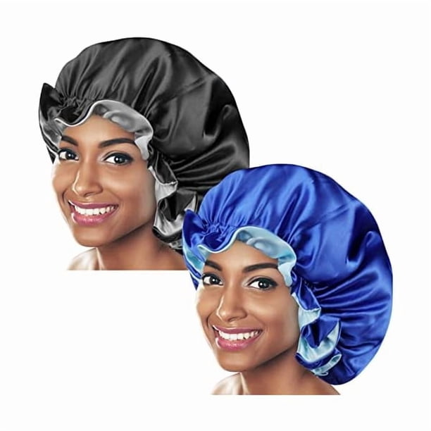 wonima11 Silk Bonnets for Women,Double Layer Extra Large Satin Sleeping Cap with Elastic,Satin Bonnet for Curly,Natural Hair,Women Girl Sleeping Cap(Black+Blue)