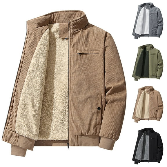 Txeol Gray Corduroy Jacket for Men Winter Thick Warm Parkas Coats Stand Collar Solid Fleece Jacket with Pockets,XXXL