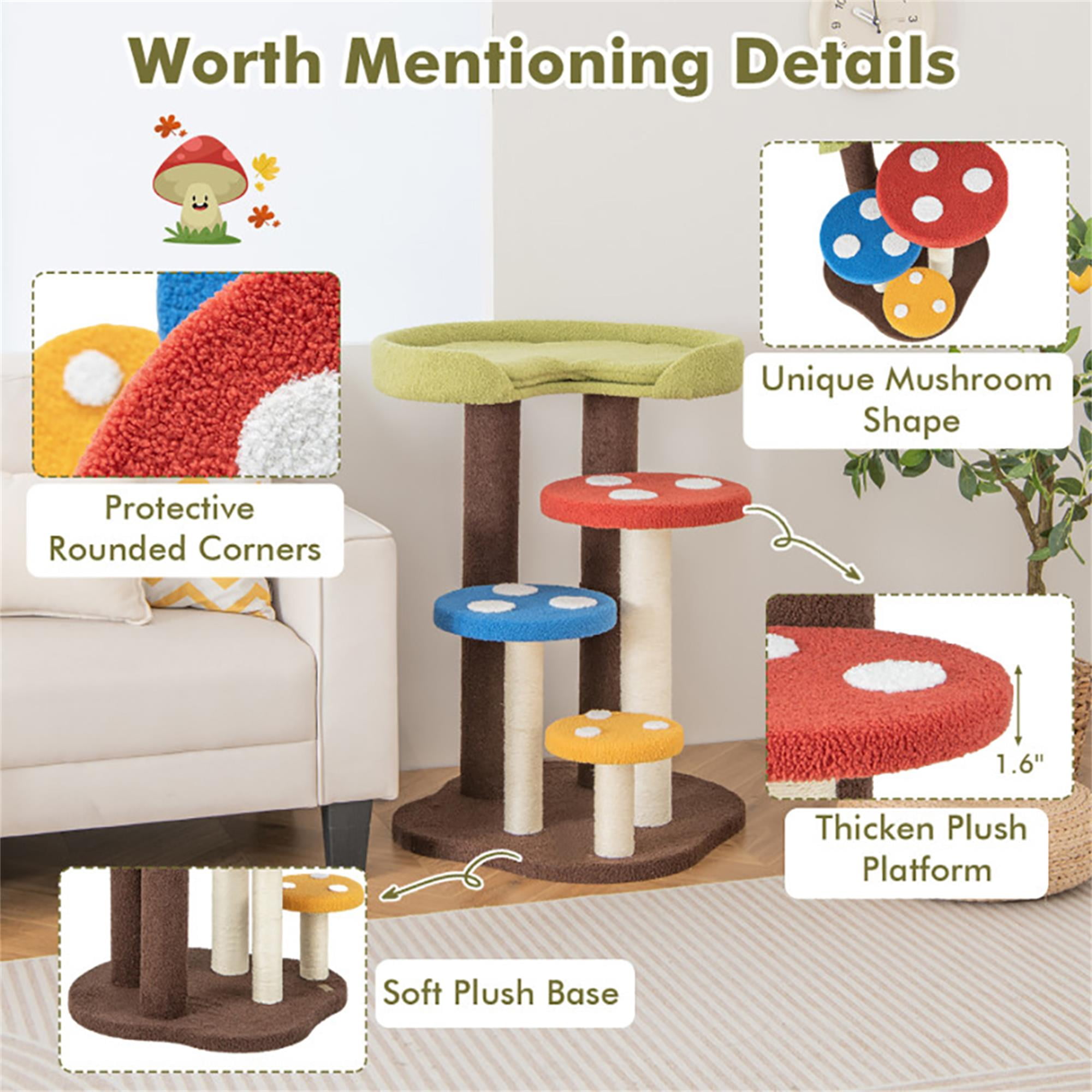 Kadyn 37" Cat Tree House, Small Cat Condo with Sisal Scratching Post, Mushroom Cat Tower, Multicolor