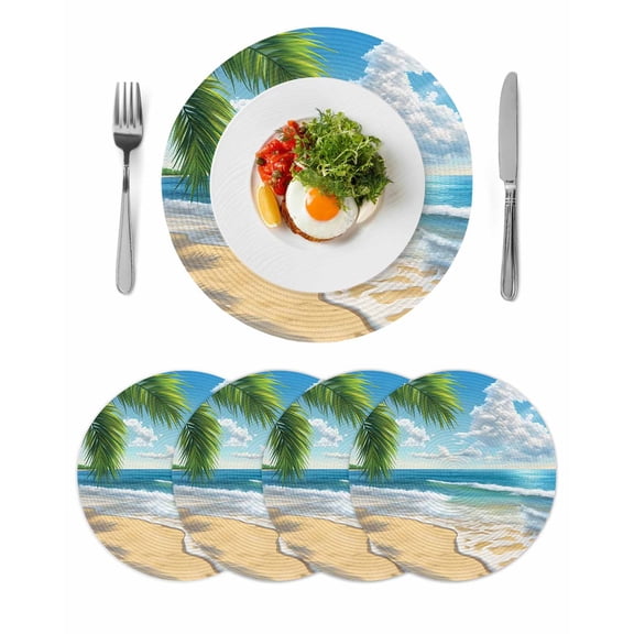 Summer Beach Round 15 Inch Placemats Set of 4, Coastal Ocean Tropical Palm Trees HeatResistant Non Slip Place Mats for Dining Table, Wipeable Braided Kitchen Table Mats for Housewarming