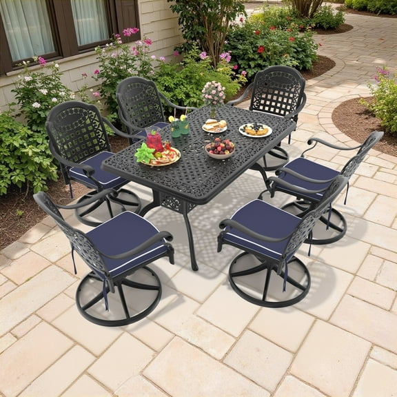 Hzzkey 7-Piece Rectangle Cast Aluminum Patio Set with Swivel Chairs, Blue Cushions,and Umbrella Hole