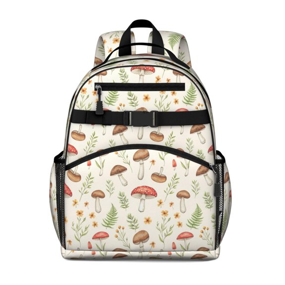 Mushroom and Fern White Pattern Cute School Backpack Bag for School with Padded Back and Adjustable Shoulder Straps 15.25"x11.5"x5.25"