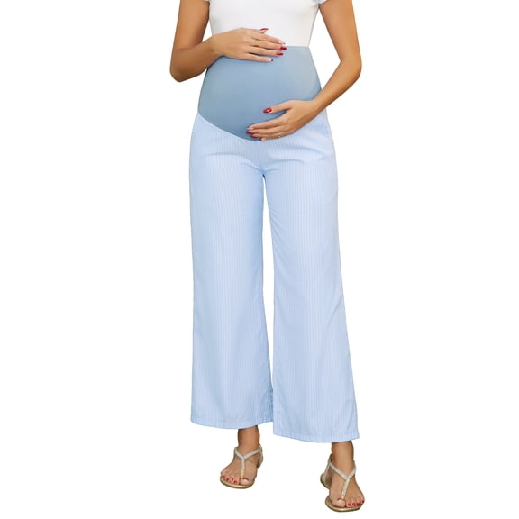 INSPIRE CHIC Women's Maternity Pants Wide Leg Elastic Waistband Striped Printed Over Belly Casual Lounge Pregnancy Trousers M Blue Stripe