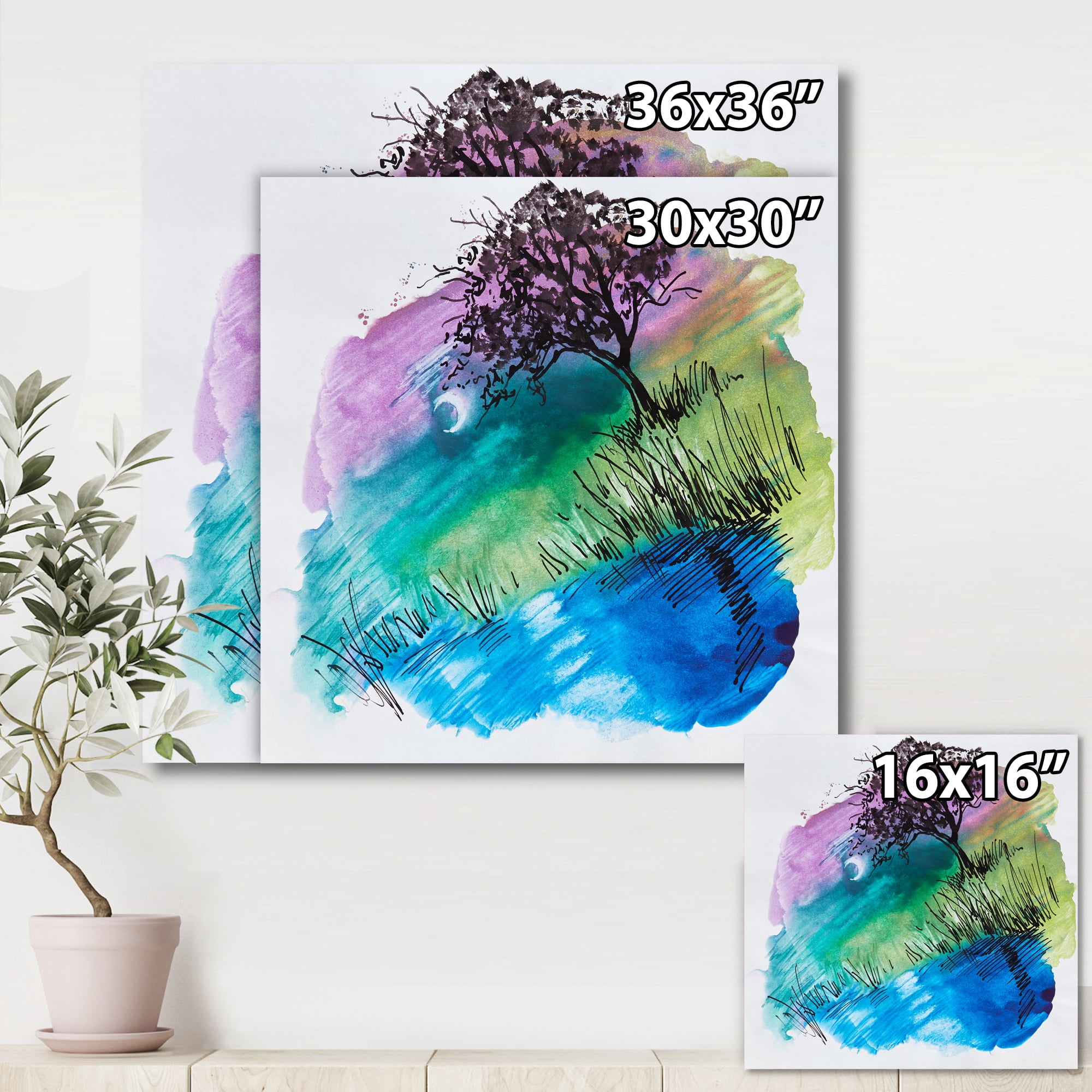 Designart ' Rainbow Silhouette Of Tree On The Riverbank At Night ' Modern Canvas Wall Art Print