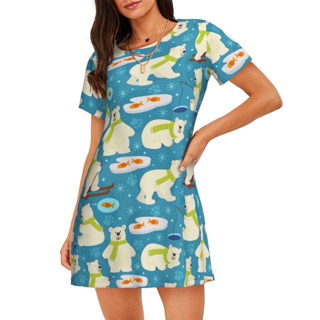 Easygdp Cute Polar Bear Fishing Camisón de manga corta para mujer, informal, estampado