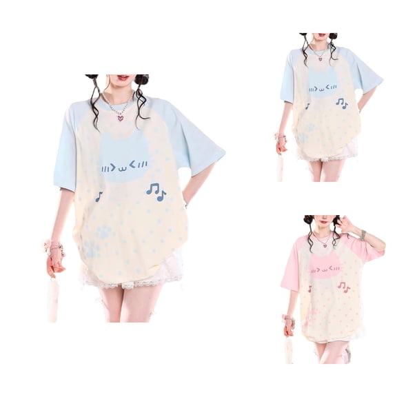 Cute Tops for Women Summer Raglan Short Sleeve Crewneck Casual Y2k Harajuku Cutecore Kawaii Cat Graphic T Shirts