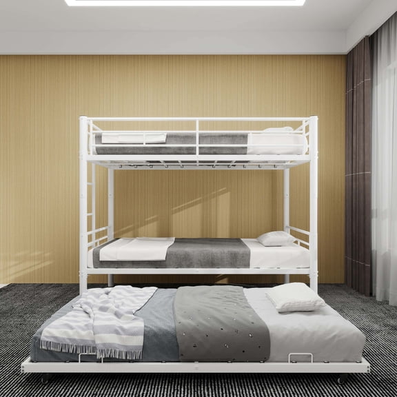 Twin over Twin Metal Bunk Bed with Trundle, Heavy-Duty Convertible Design, Noise-Reduced Safety Guardrails & Non-Slip Ladder, No Box Spring Needed, White