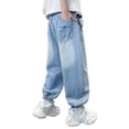 thumbnail image 6 of ZHOGXU Big Kids Boys Denim Pants Elastic Waist Straight Leg Comfortable Stretch Trousers With Pockets For Casual Daily Wear,Sky Blue,5-6 Years, 6 of 6