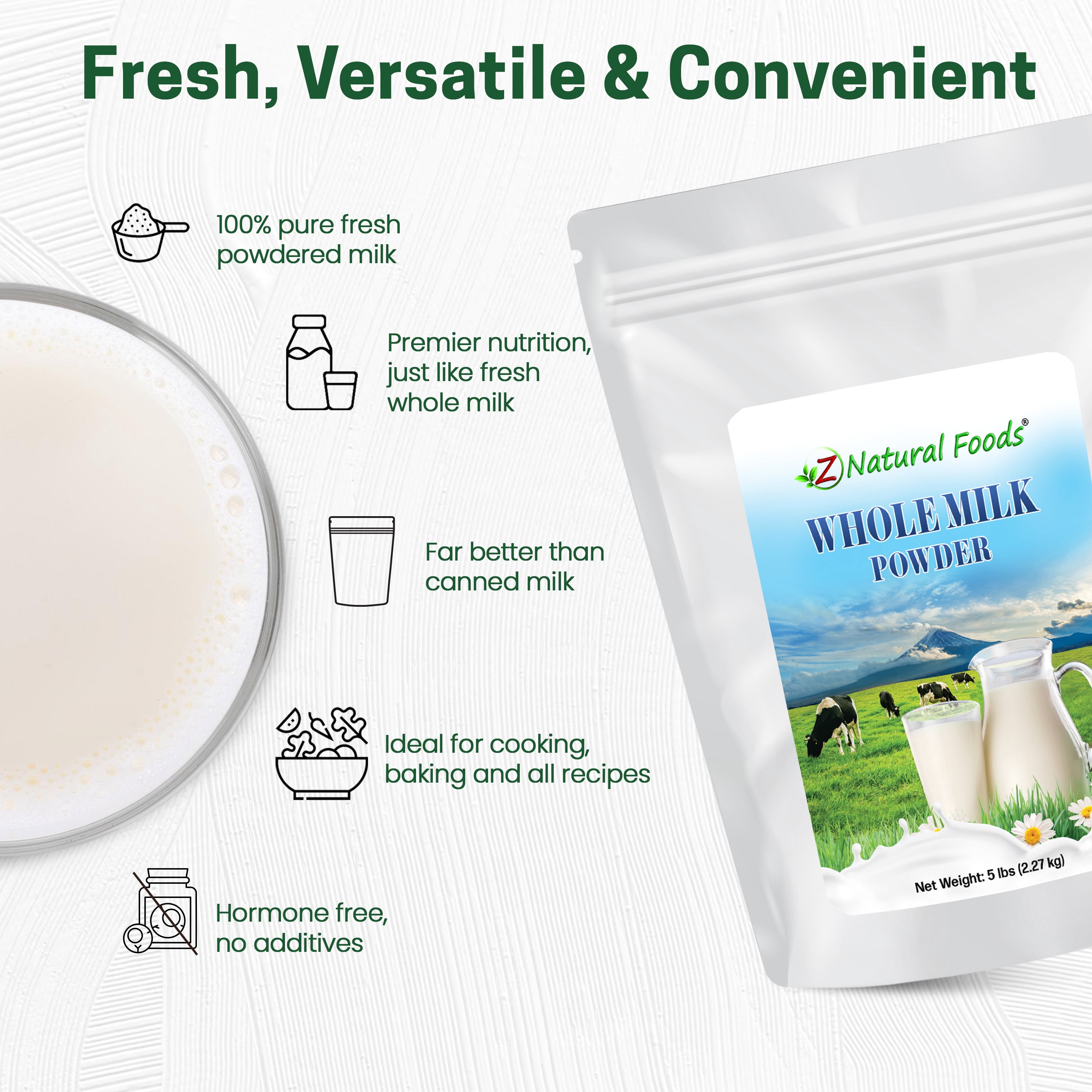 Z Natural Foods Premium Whole Milk Powder - Powdered Milk for Baking, Cooking, Drinks - Dry Milk Powder, Pasteurized, Non-GMO, Gluten-Free, Kosher-Certified, 5 lbs