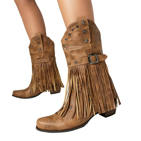 Women's Fringe Buckle Strap Mid Calf Cowboy Boots Wide Calf Pointed Toe Studded Western Cowgirl Booties