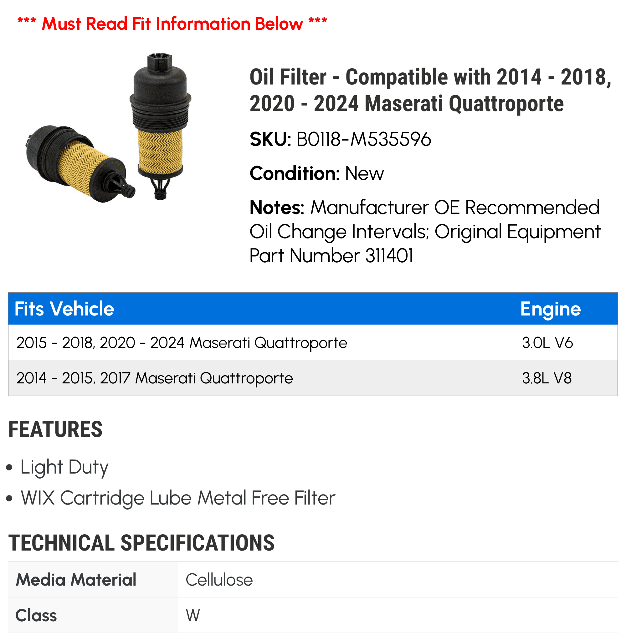 Oil Filter - Compatible with 2014 - 2018, 2020 - 2024 Maserati Quattroporte 2015 2016 2017 2021 2022 2023