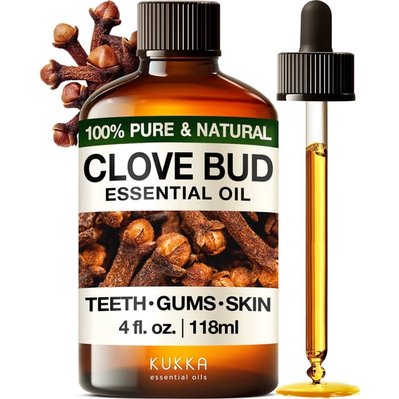 Kukka Clove Essential Oil for Teeth and Gums - Clove Oil - Steam Distilled from Flower Buds for Potency - a Perfect Solution for Oral Care, Hair, Diffuser & DIY Soap Making(4 Fl Oz)