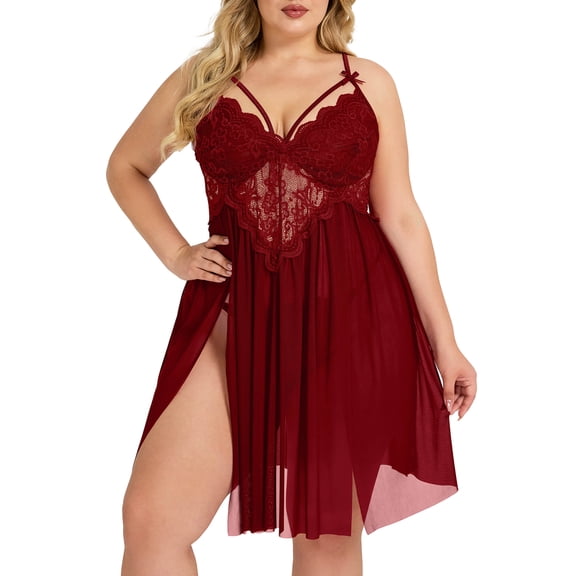 SHOWMALL Womens Plus Size Lingerie Lace Sexy Strap Chemise Sleepwear V-Neck Nightdress