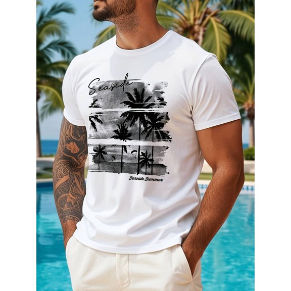 black and tree print mens t shirt beach relaxed style summer outfit breathable comfortable versatile short sleeve