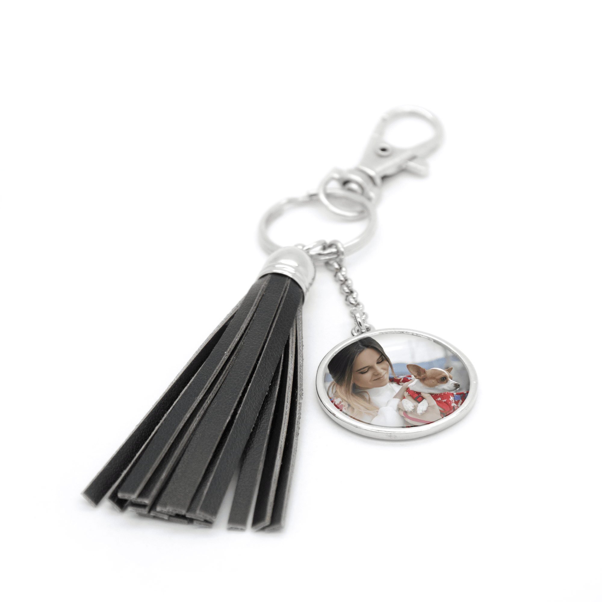 Black Tassel Photo Keychain, Silver Color