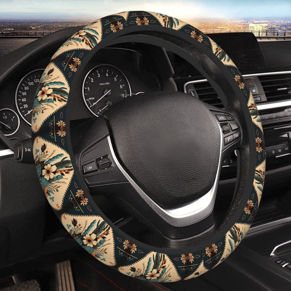 Steering Wheel Cover Anti-Slip Elastic Car Protective Universal 15 Inch Fit for Vehicles Auto SUVs , Boho Western Navajo Floral Vintage