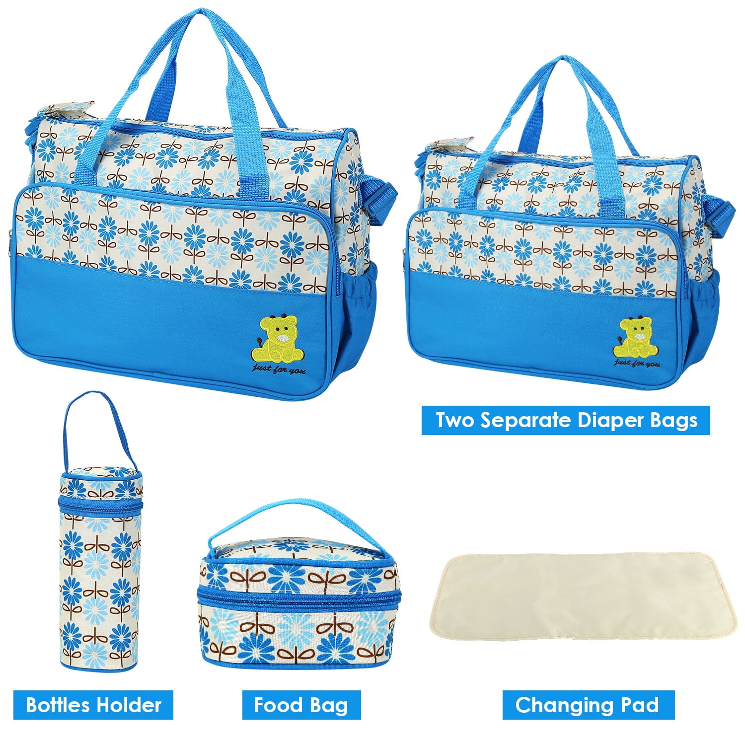 Imountek 5Pcs Diaper Bag Tote Set, Baby Diaper Bag Set with Changing Pad, Insulated Pockets, Water-Resistant Travel Tote for Mom and Dad, Blue