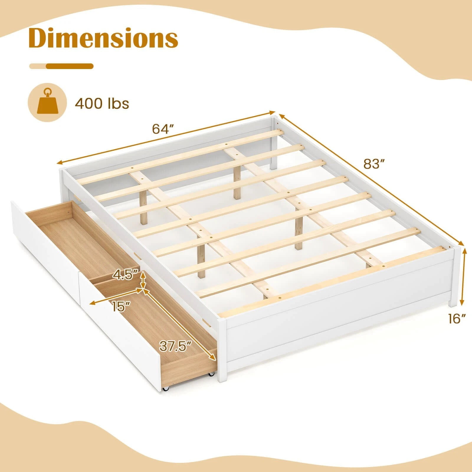 Auranook Queen Size Wooden Bed Frame w/2 Rolling Storage Drawers Wood Slat Support