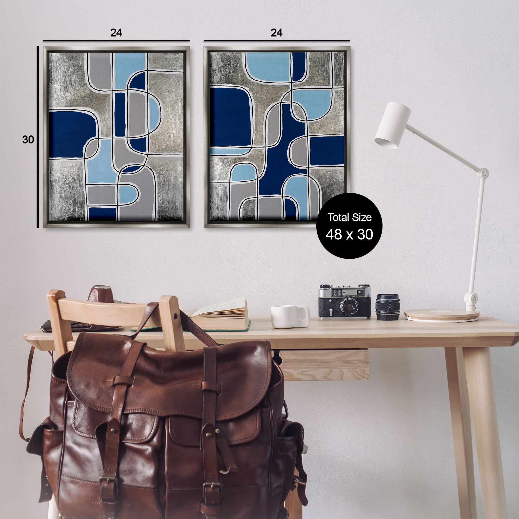 Stupell Industries Blue & Grey Geometrics Abstract Painting Gray Floater Framed Canvas Art Print Wall Art, 25 x 31, Set of 2