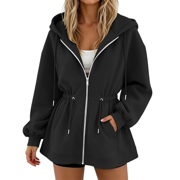 Mifsaly Oversized Zip Up Hoodie Women Cinched Waist Hooded Sweatshirt Lightweight Casual Long Sleeve Athletic Jacket with Drawstring and Pockets Black,S