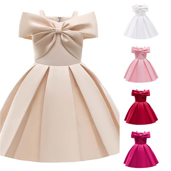 WAYUTE Flower Girl Dress Elegant Off Shoulder High Waist Satin Solid Color A Line Princess Dress for Kids Party Wedding,Rose Gold