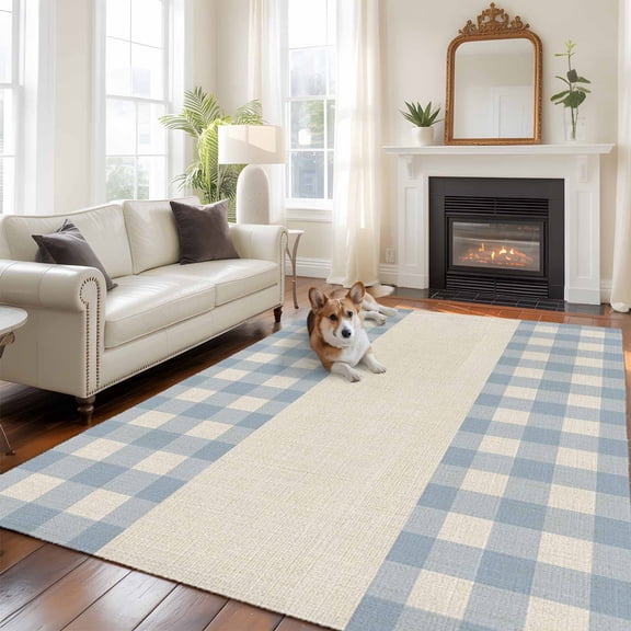 Blue Plaid Washable Area Rug 5x8 Retro Country Blue Plaid Linen Texture Low-Profile Large Area Rugs with Non Slip Backing Indoor Floor Carpet for Entrance Living Room Bedroom Home Office