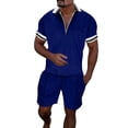 thumbnail image 1 of YDLCAFD Male Casual Striped Print Two Piece Suit Zipper Short Sleeve Top Blouse Suit Drawstring Pocket Short Set, 1 of 5