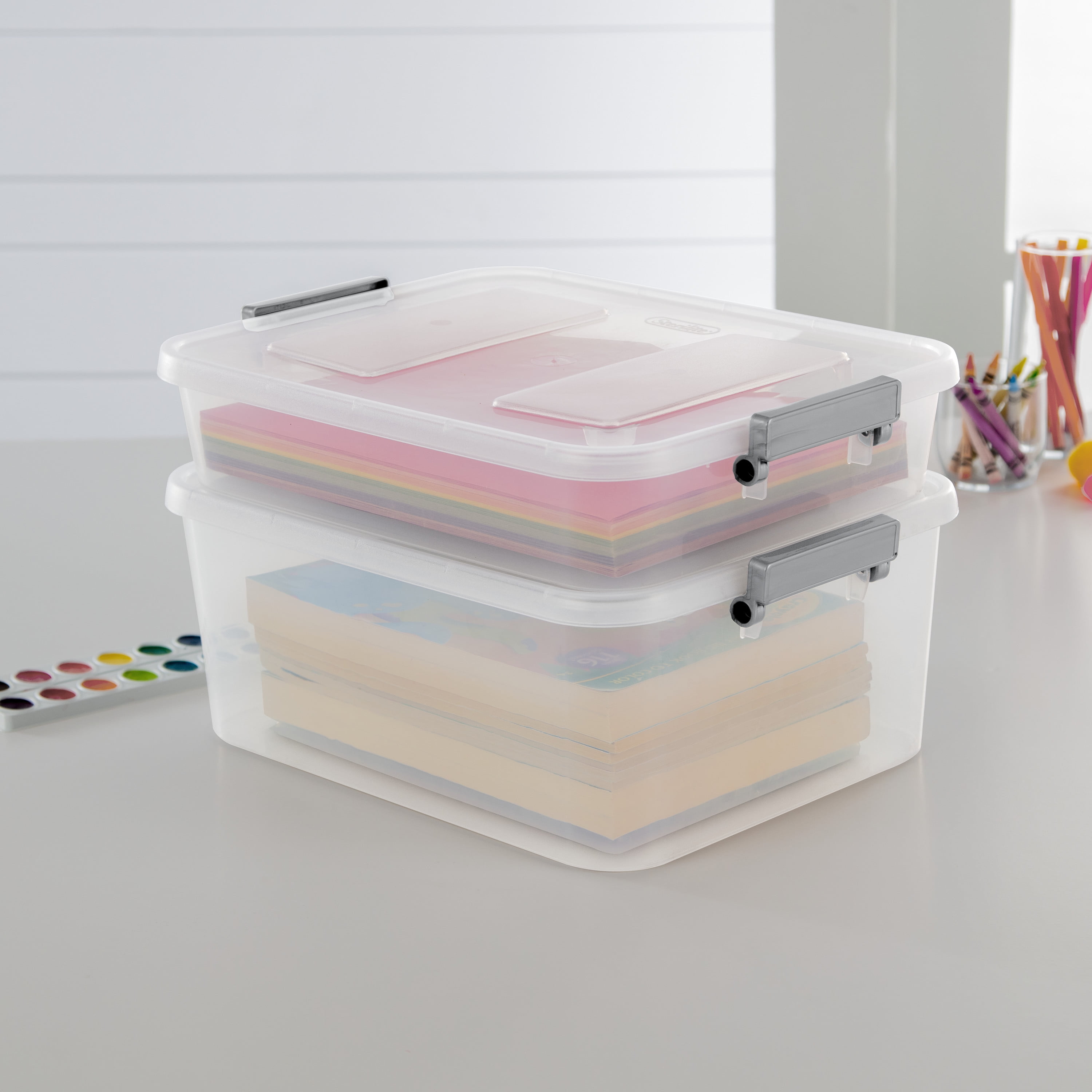 (4 pack) Sterilite Modular Small Storage Bin, 6.2 Quart Latching Clear Plastic Storage Container with Write-on ID Latches, Gray