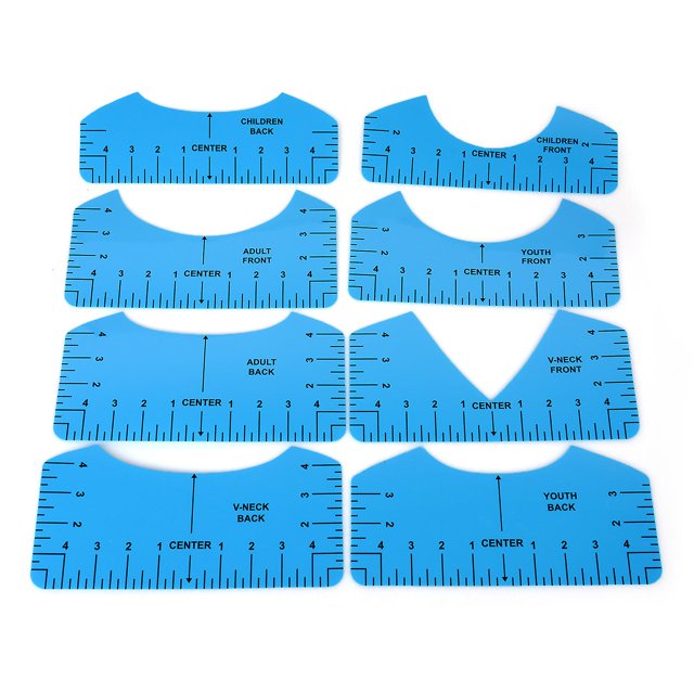 Guía de regla para camisetas (azul), 8 piezas, herramienta de alineación de camisetas de alta precisión, herramienta de calibración y centrado de cuello redondo portátil de alta calidad