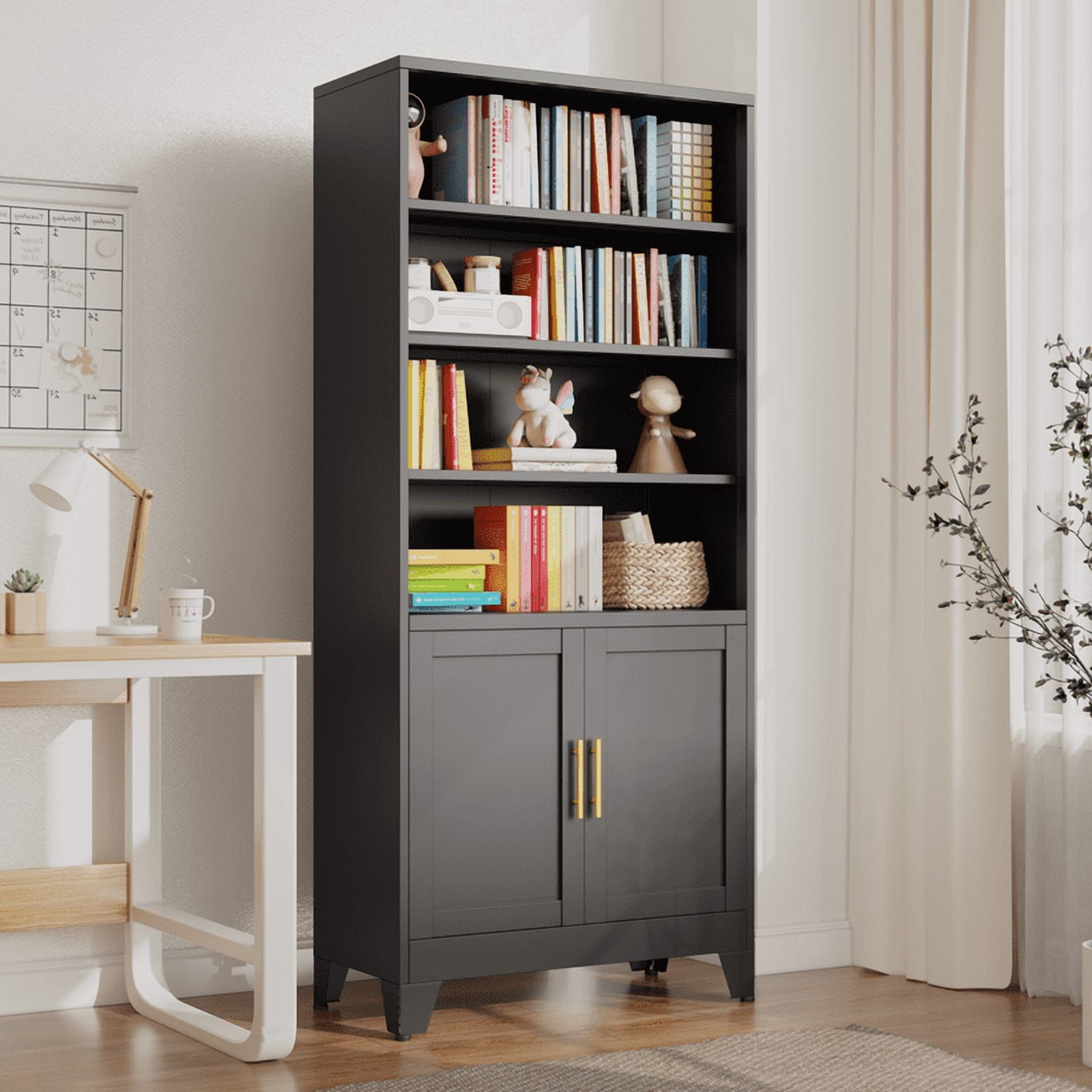 71"H Tall Metal Bookcase/Bookshelf with Doors And 4 Adjustable Shelves for Storage