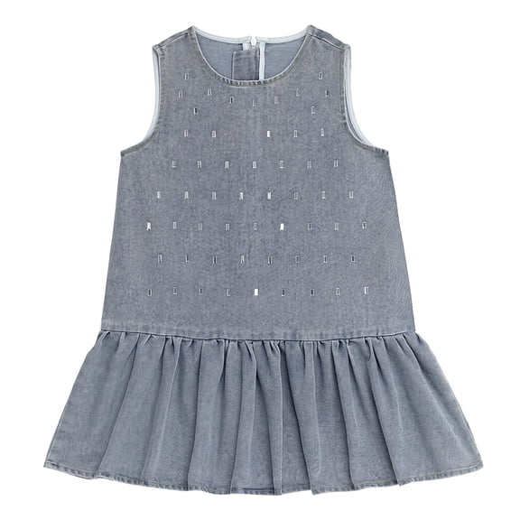 NIPAXO Girls Denim Dress Back Zipper Washed Cotton Sleeveless Rhinestone Studded Ruffle Hem Casual Skirt for Toddler Little Boys Age 4-5Y (Gray)