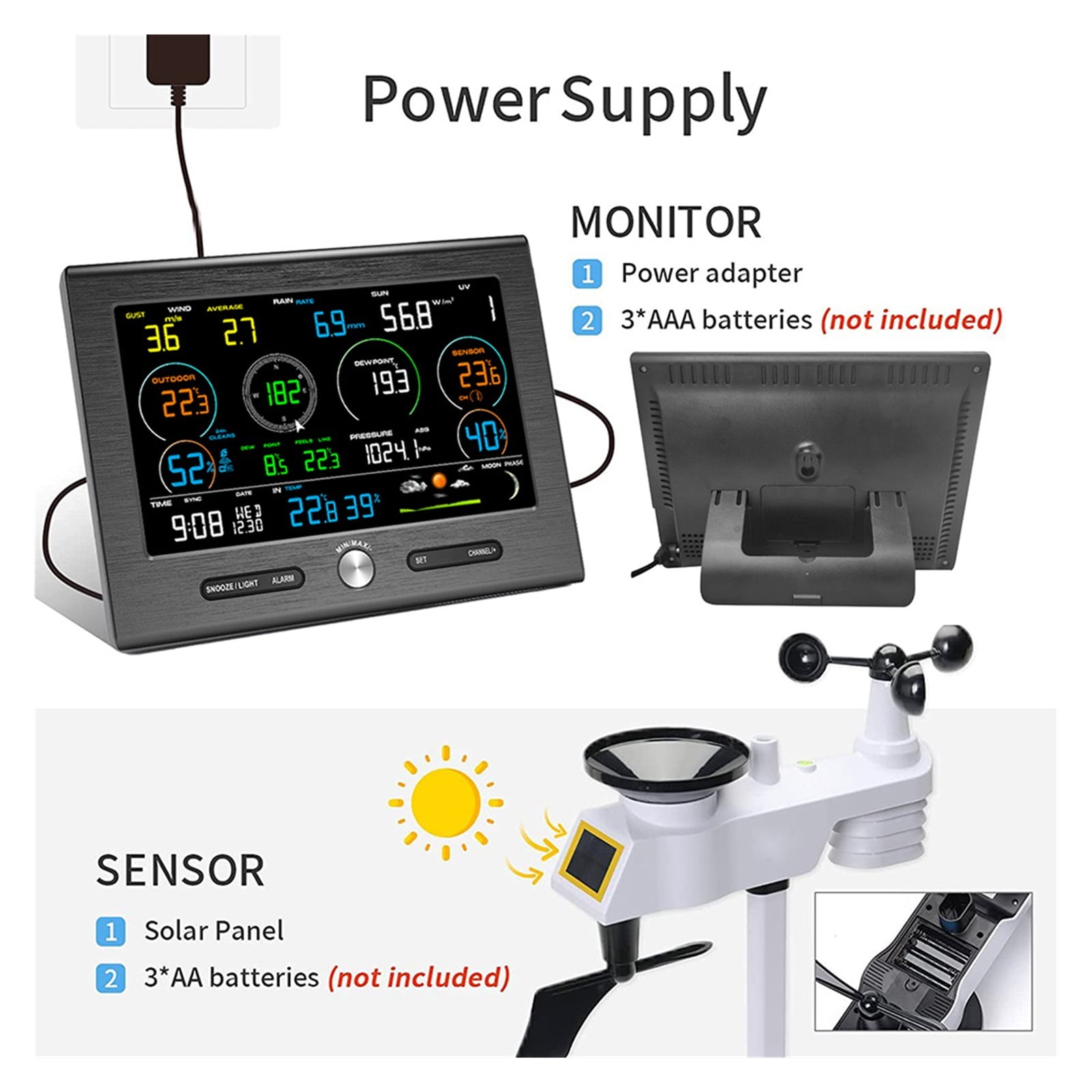 0370 Weather Station Outdoor Sensor Rain Gauge Weather Forecast Weather Base Temperature Humidity 8 Channel ,Easy to Install