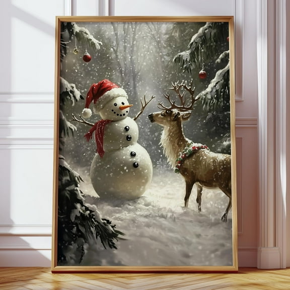 MSFCON Snowman Reindeer Wall Art Print, Forest Snowfall in Winter Christmas Home Decor, Holiday Home Improvement