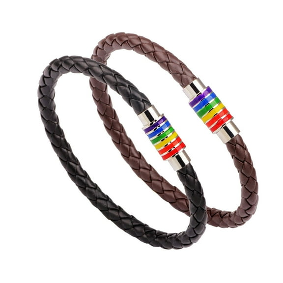 2 Pcs Men Bracelet Fashion Leather Weaving Bangle Women Men Gay & Lesbian Pride Bracelet Rainbow Color Wristband Bracelet Gift (23x6cm)