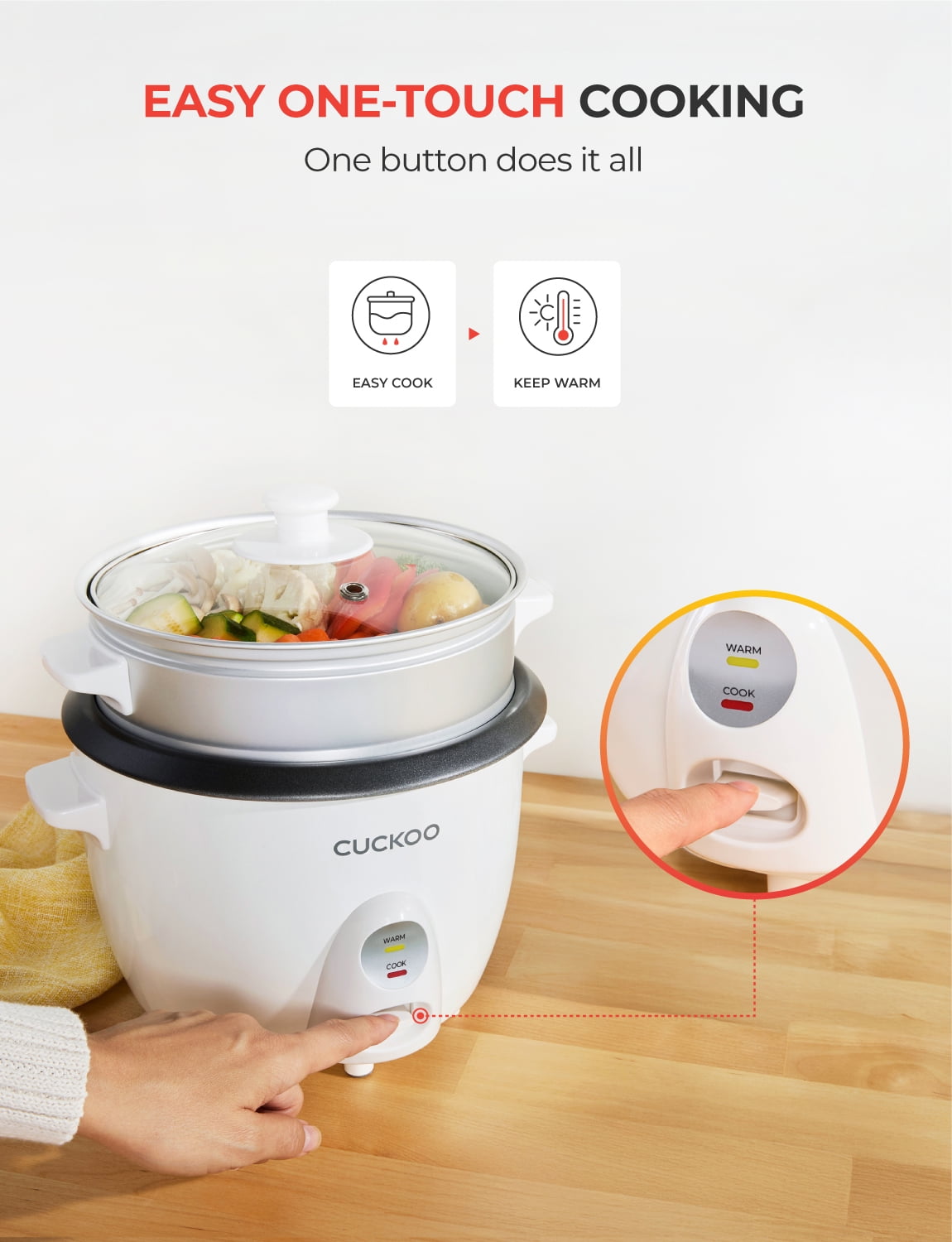 CUCKOO One Touch Rice Cooker 6-Cup (Uncooked) / 12-Cup (Cooked), Small Rice Cooker & Warmer with Steamer Tray, Versatile Grain Cooker, Soup Maker, Auto Keep Warm, White (CR-0601C)