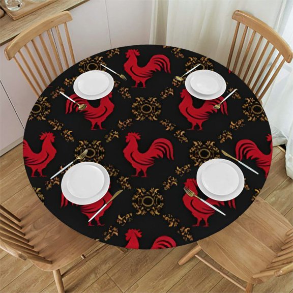 HAOXIT Vintage Rooster Village Chicken Elastic Edged Fitted Round Tablecloth , Waterproof Oil Proof Polyester Table Cloth Decorative Fabric Table Cover for Dining Table 31-35