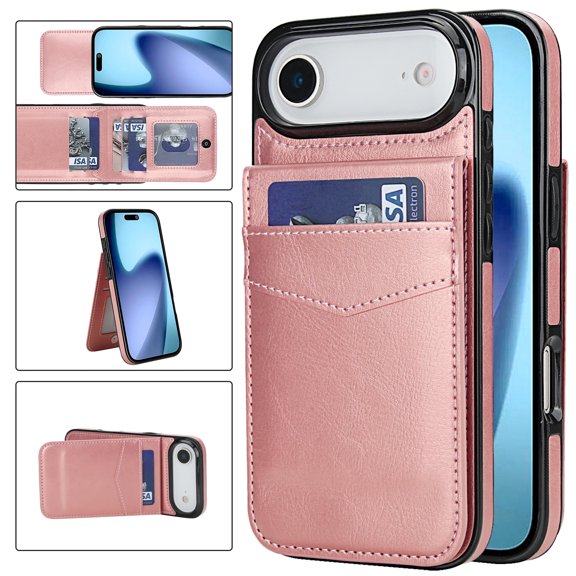 ELEHOLD Wallet Case for iPhone Air, Shockproof Flip Leather Case with Card Holder & Stand,Rosegold