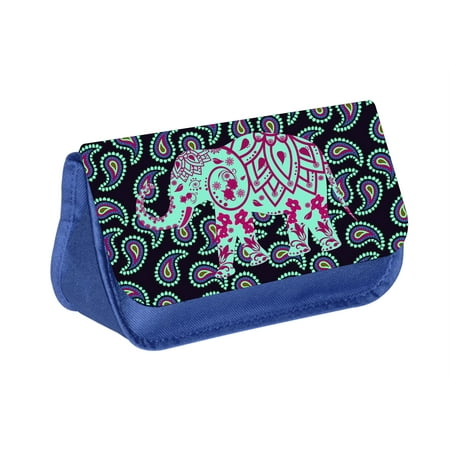 - Paisley Elephant - Girls Blue Pencil Case with 2 Zippered Pockets and Velcro Closure