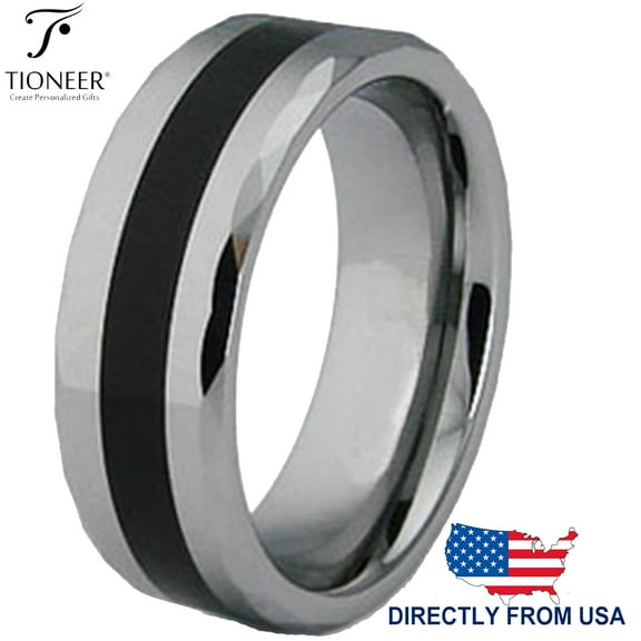 Tioneer Tungsten Carbide Polished w/ Tioneer Black Resin Strip Inlay Wedding Band Ring Men Women 8mm