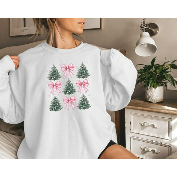 Pink Coquette Christmas Tree Sweatshirt, Pink Bow Sweatshirt, Bow Christmas Hoodie, Christmas Tree Sweater, Xmas Gift, Christmas Sweatshirt