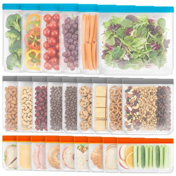 24 Pack Reusable Food Storage Bags, BPA Free PEVA Leakproof Reusable Freezer Bags for Meal Prep, Sandwich and Snack