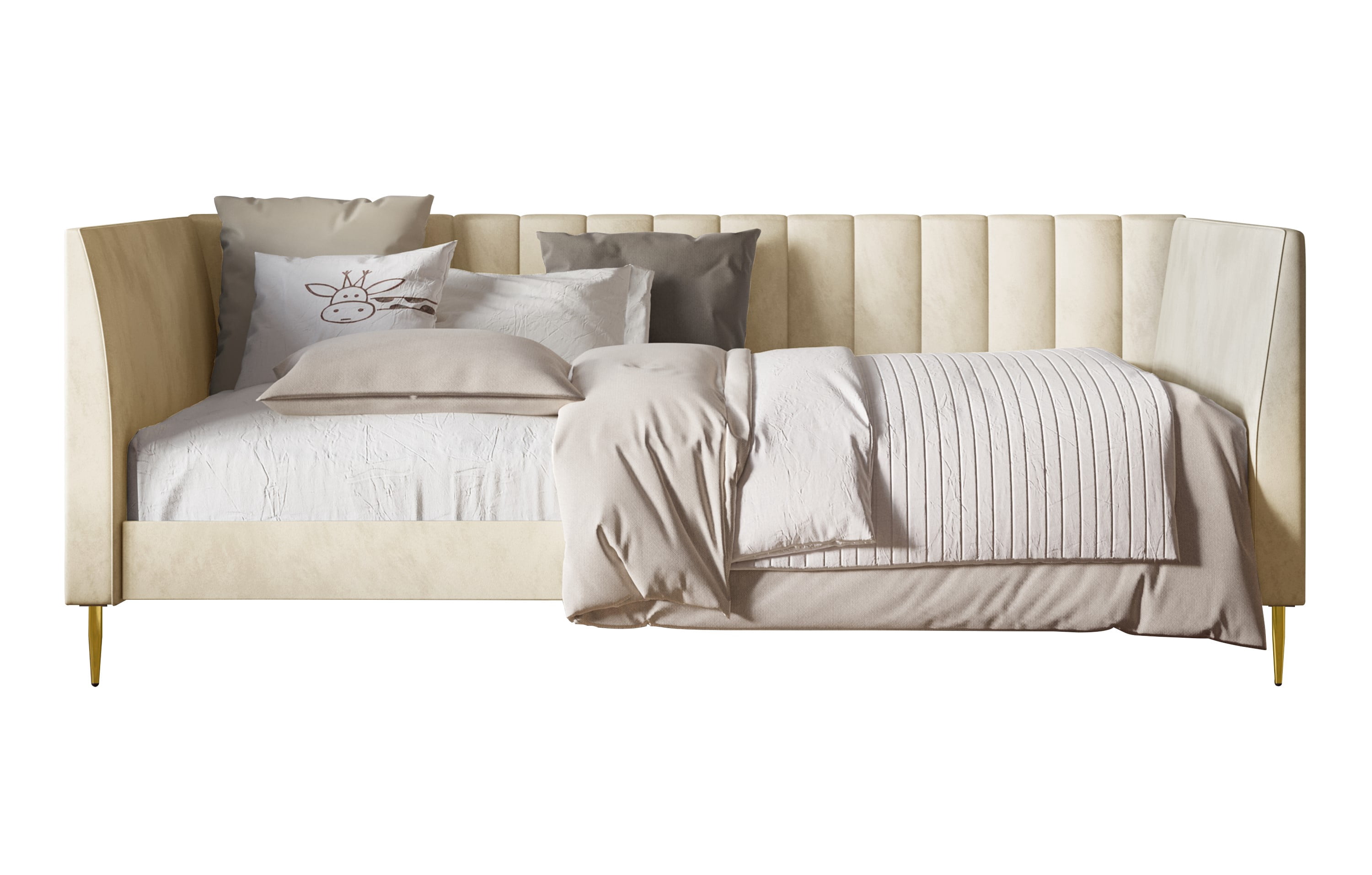 Home Design Dayton Twin Daybed, Beige Velvet Upholstered Frame, Tuxedo Arms, Vertical Tufting, Plush Cushions, Gold Metal Legs for Stylish Seating & Sleeping
