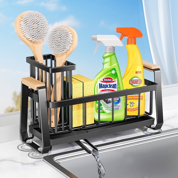 Godance Sponge Holder for Kitchen Sink, Rustproof 304 Stainless Steel Sink Caddy Organizer with High Brush Holder, Self-Draining Soap Sponge Caddy for Kitchen Countertop Accessories & Storage (Black)